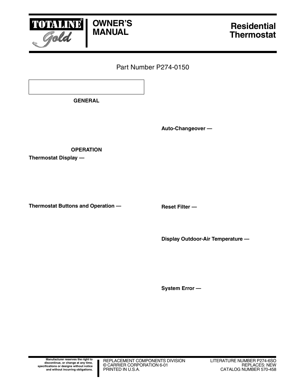 Carrier TOTALINE GOLD P274-0150 User Manual | 4 pages