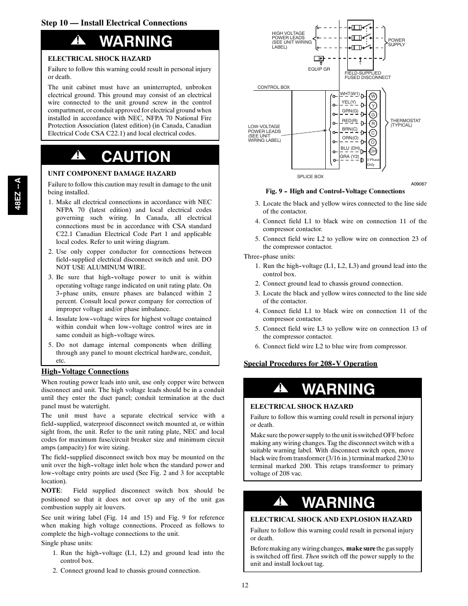 Warning, Caution, Step 10 — install electrical connections | Carrier 48EZ(N)-A User Manual | Page 12 / 41