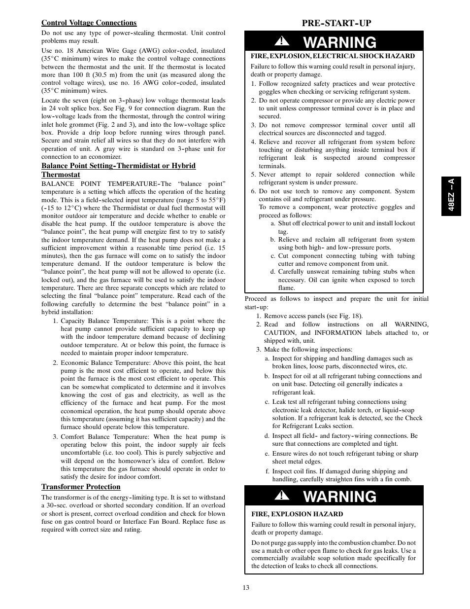Warning, Pre--start--up | Carrier 48EZ(N)-A User Manual | Page 13 / 41