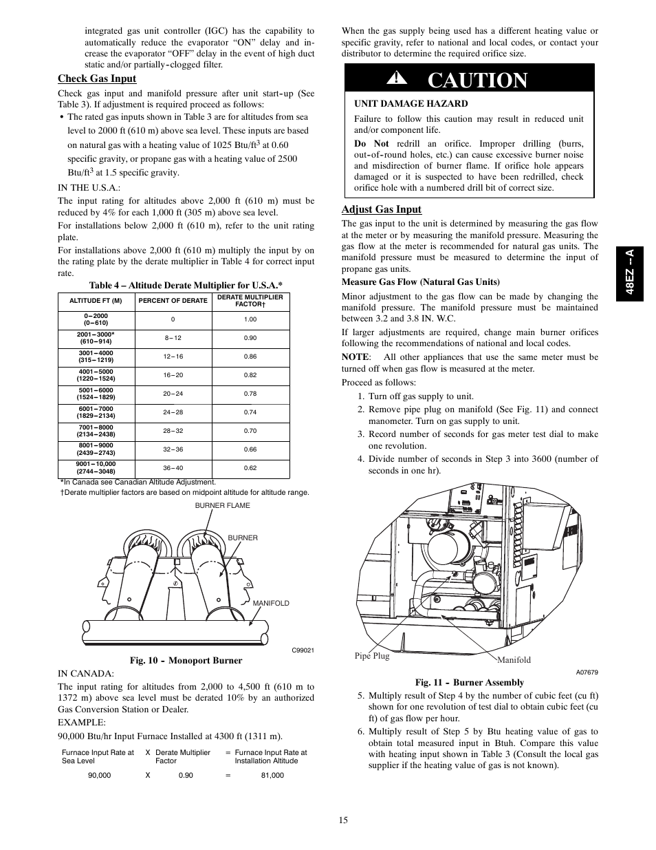 Caution, Check gas input, Adjust gas input | 48e z -- a | Carrier 48EZ(N)-A User Manual | Page 15 / 41