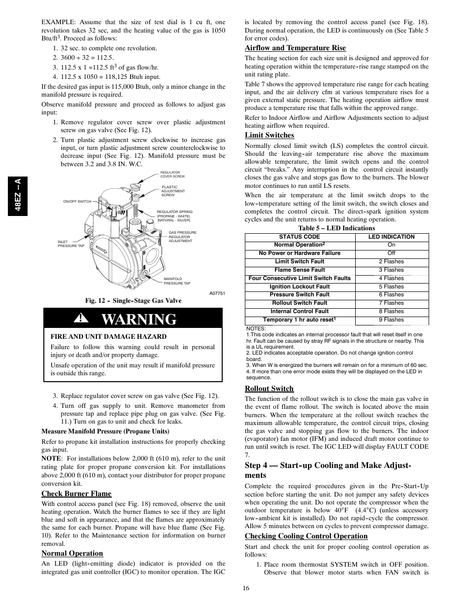Warning, Step 4 — start--up cooling and make adjust- ments | Carrier 48EZ(N)-A User Manual | Page 16 / 41