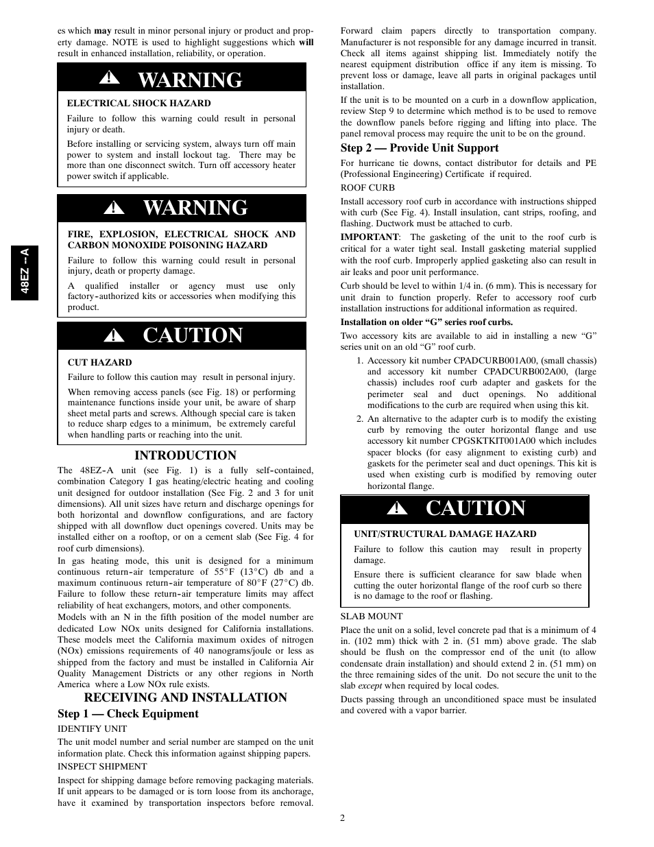 Warning, Caution | Carrier 48EZ(N)-A User Manual | Page 2 / 41
