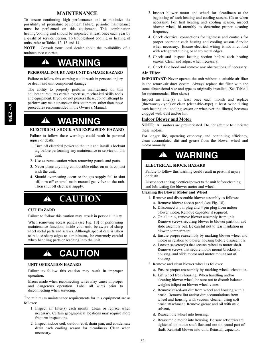 Warning, Caution, Maintenance | Carrier 48EZ(N)-A User Manual | Page 32 / 41