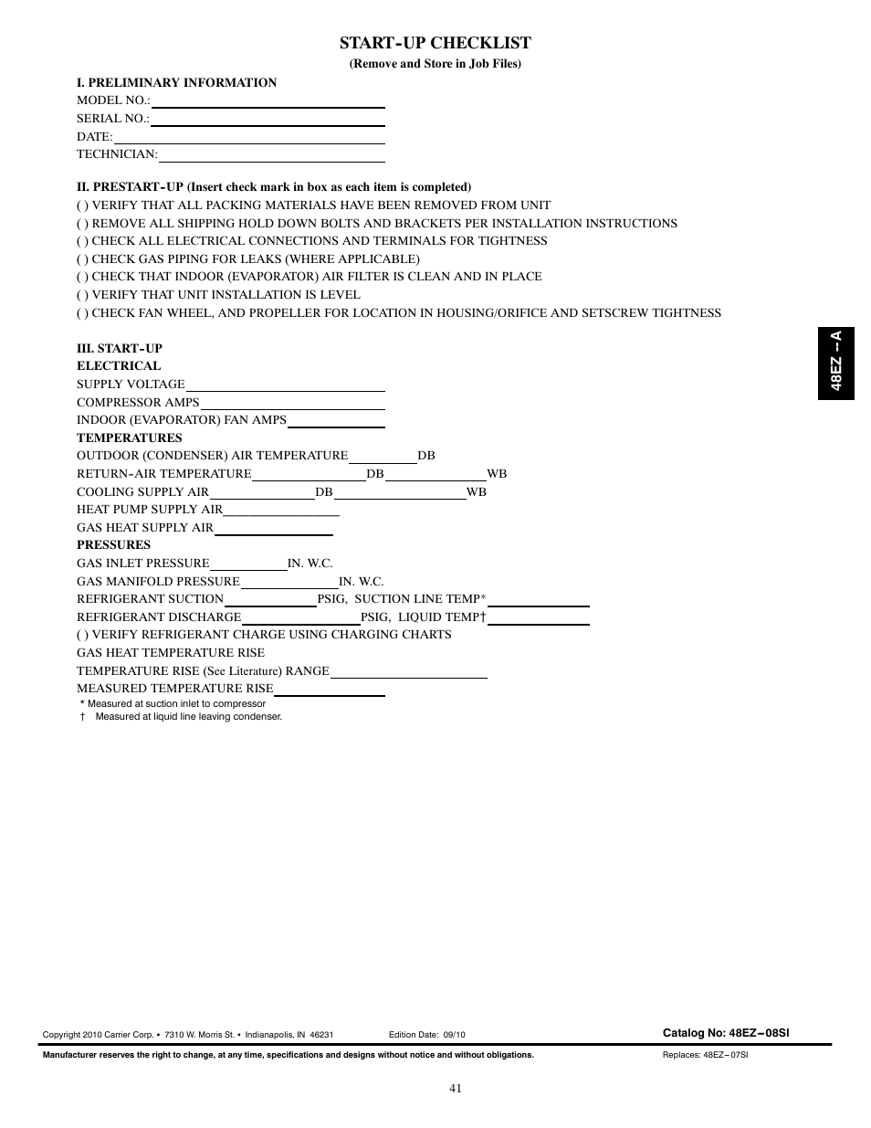 Start--up checklist | Carrier 48EZ(N)-A User Manual | Page 41 / 41