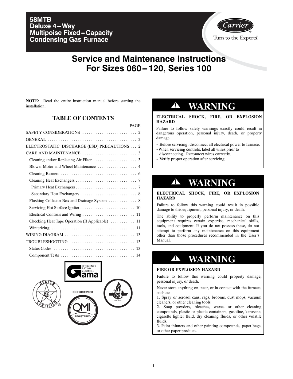 Carrier 58MTB User Manual | 18 pages