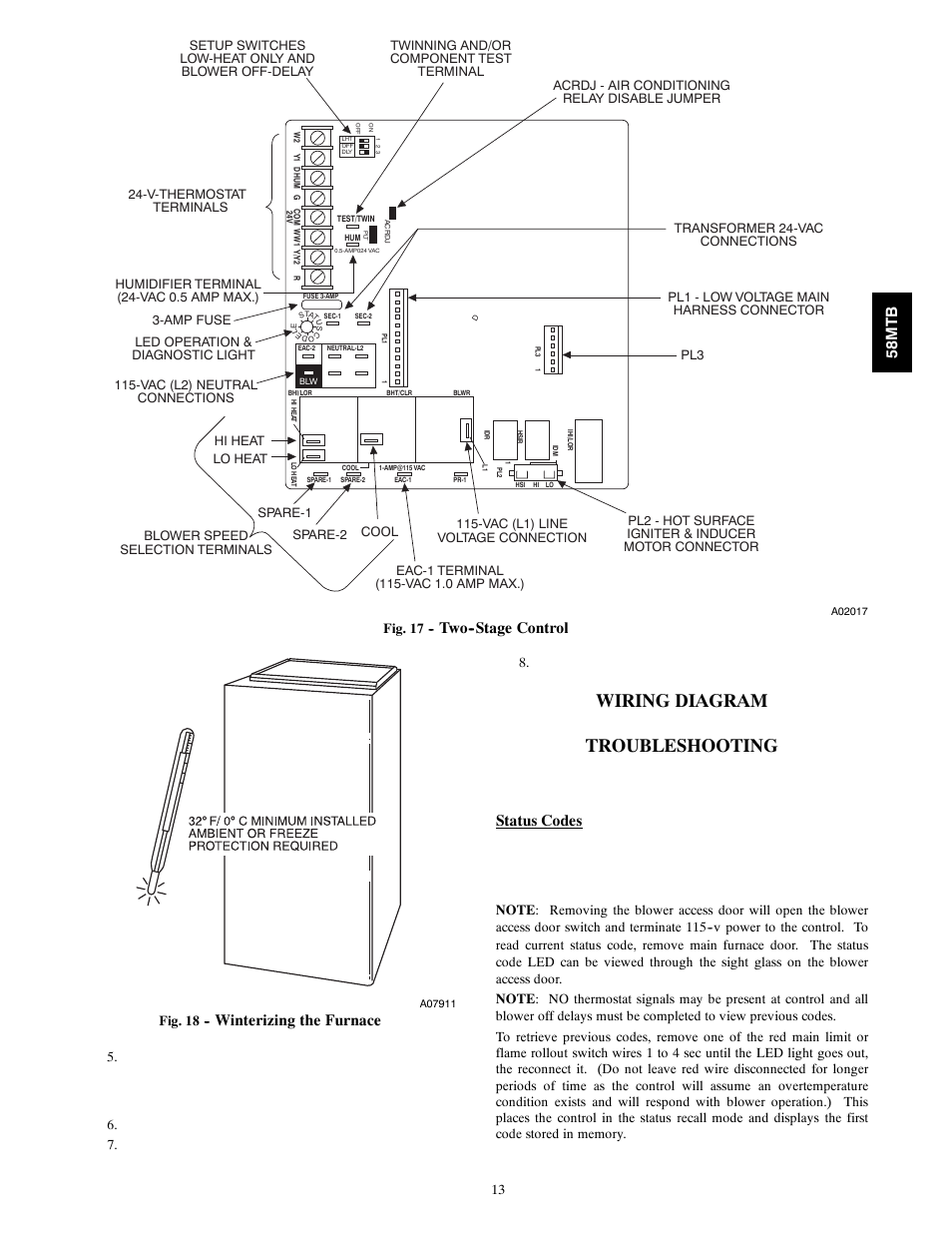 Wiring diagram, Troubleshooting, Two--stage control | Winterizing the furnace, Status codes, 58mtb | Carrier 58MTB User Manual | Page 13 / 18