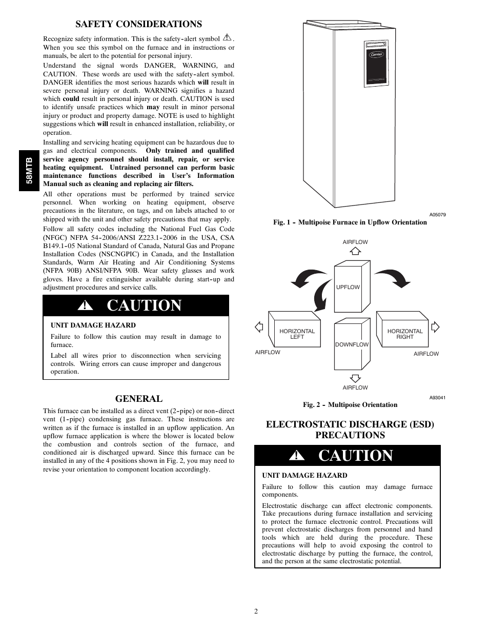 Caution, Safety considerations, General | Electrostatic discharge (esd) precautions | Carrier 58MTB User Manual | Page 2 / 18