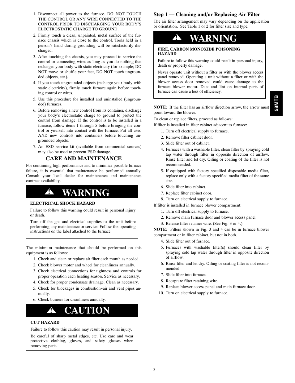 Warning, Caution, Care and maintenance | Carrier 58MTB User Manual | Page 3 / 18