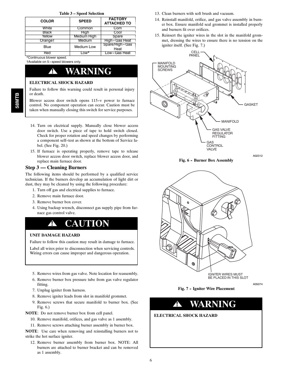 Warning, Caution, Step 3 — cleaning burners | Carrier 58MTB User Manual | Page 6 / 18