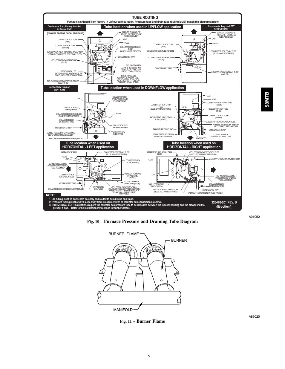 Furnace pressure and draining tube diagram, Burner flame 58mtb, Tube routing | Fig. 10, Fig. 11, Burner flame burner manifold | Carrier 58MTB User Manual | Page 9 / 18