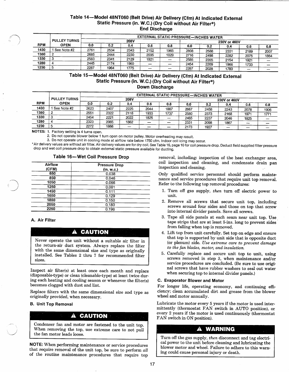 A caution, A warning, Table 16—wet coil pressure drop | Carrier 48N User Manual | Page 17 / 24