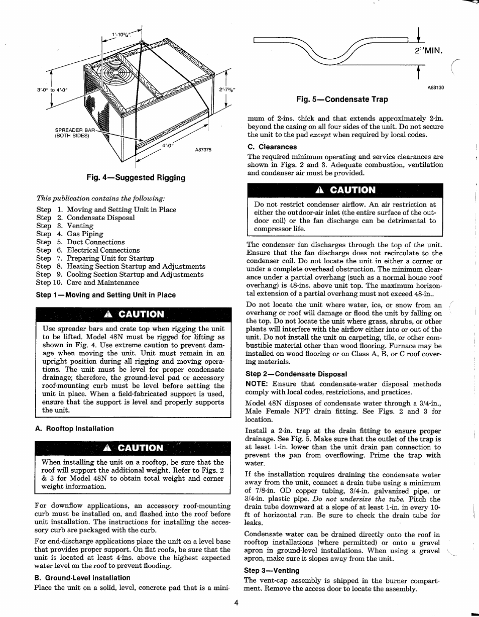 Step 1—moving and setting unit in place, A. rooftop installation, B. ground-level installation | C. clearances, Step 2—condensate disposal, Step 3—venting | Carrier 48N User Manual | Page 4 / 24