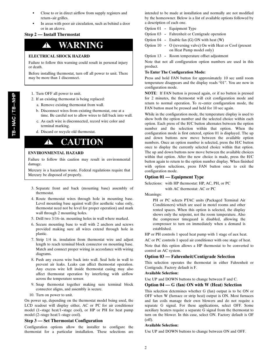 Warning, Caution | Carrier TB-NAC User Manual | Page 2 / 6