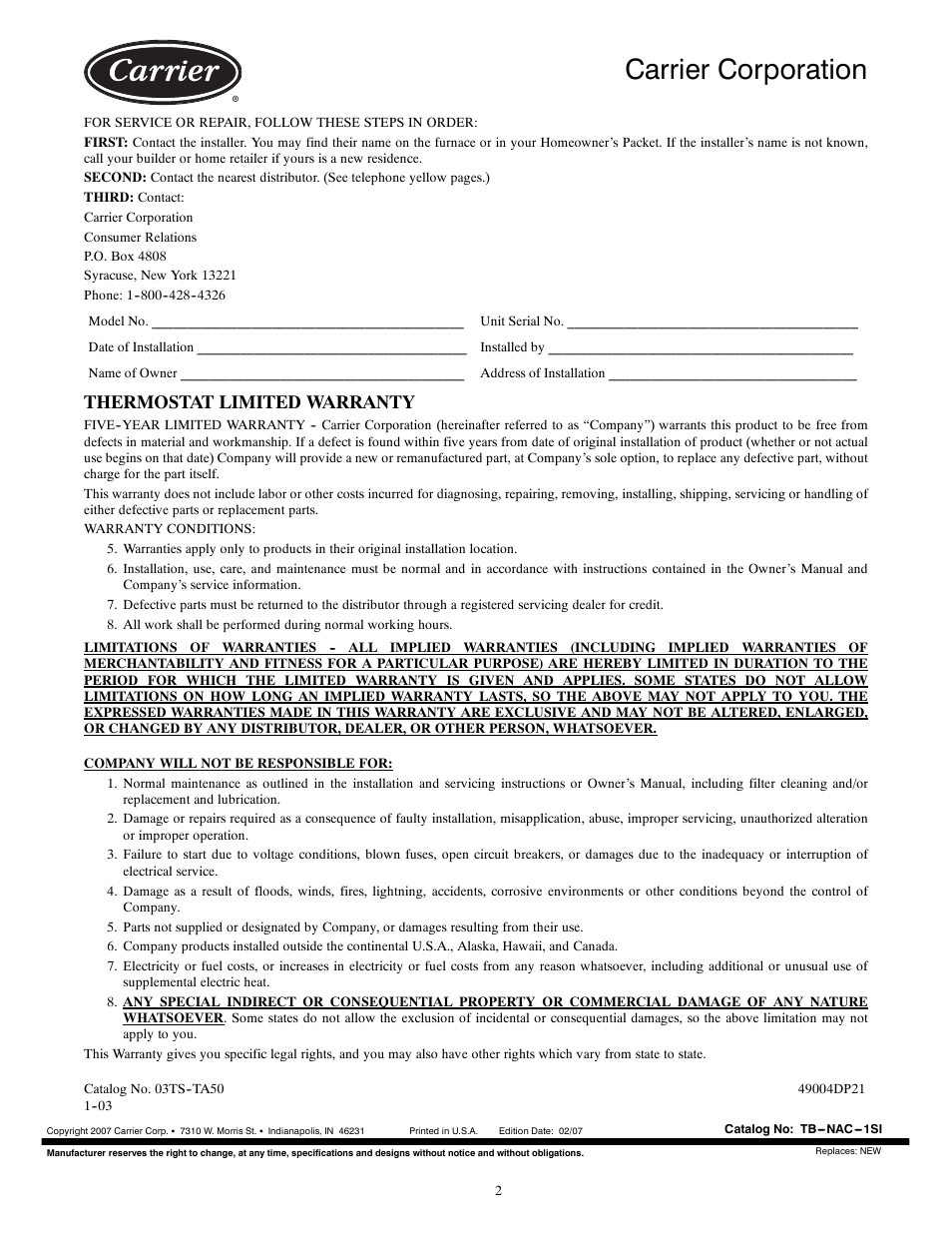 Carrier corporation, Thermostat limited warranty | Carrier TB-NAC User Manual | Page 6 / 6