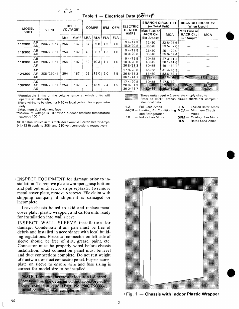 Table 1 — electrical data (&©^zt | Carrier 50QT User Manual | Page 2 / 14