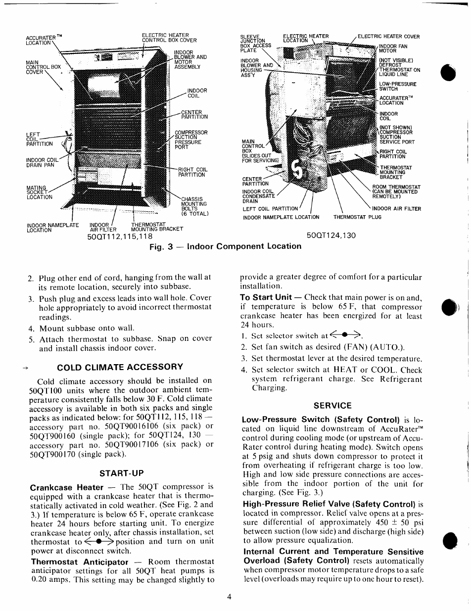 Fig. 3 — indoor component location, Cold climate accessory, Start-up | Service | Carrier 50QT User Manual | Page 4 / 14