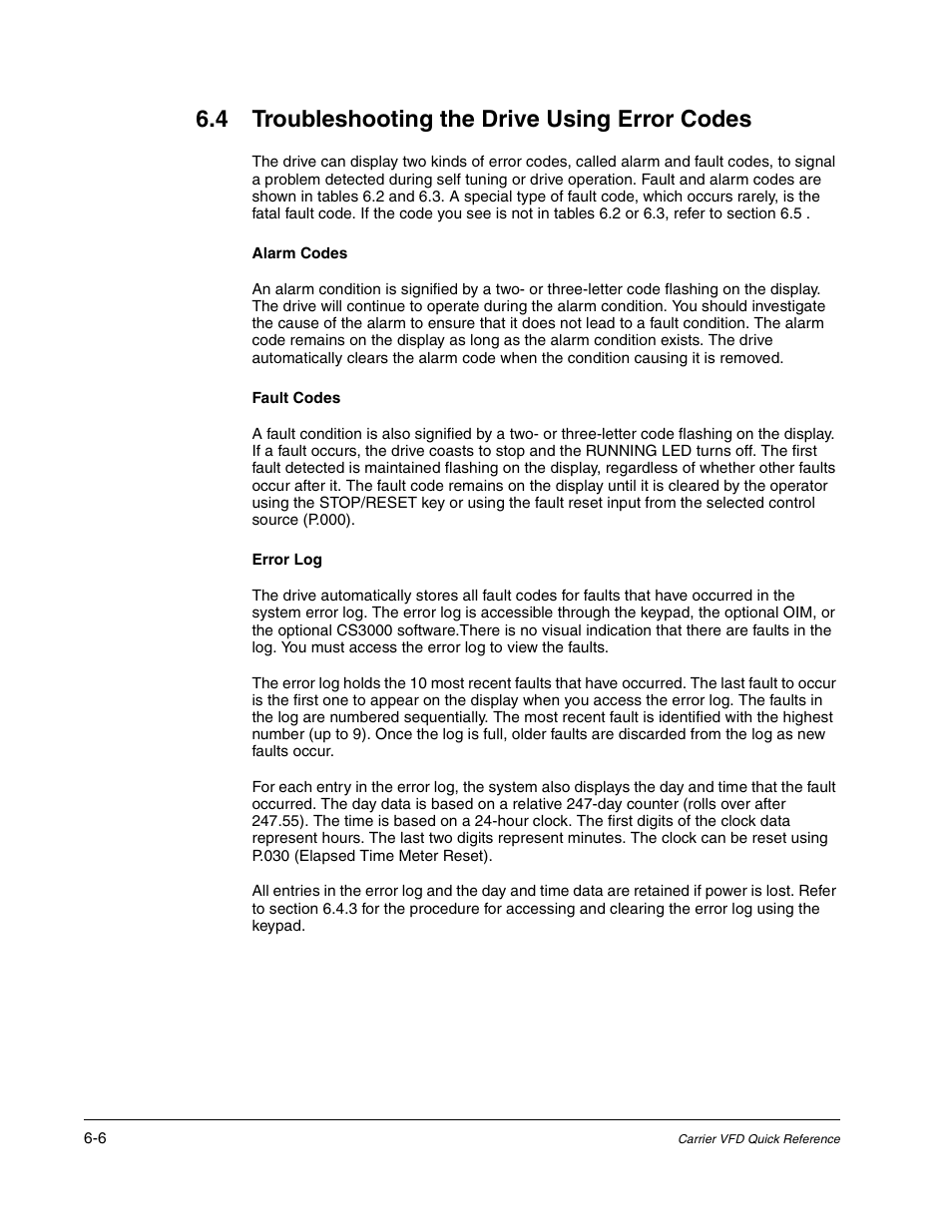 4 troubleshooting the drive using error codes, Alarm codes, Fault codes | Error log | Carrier D2-3466-2 User Manual | Page 24 / 38