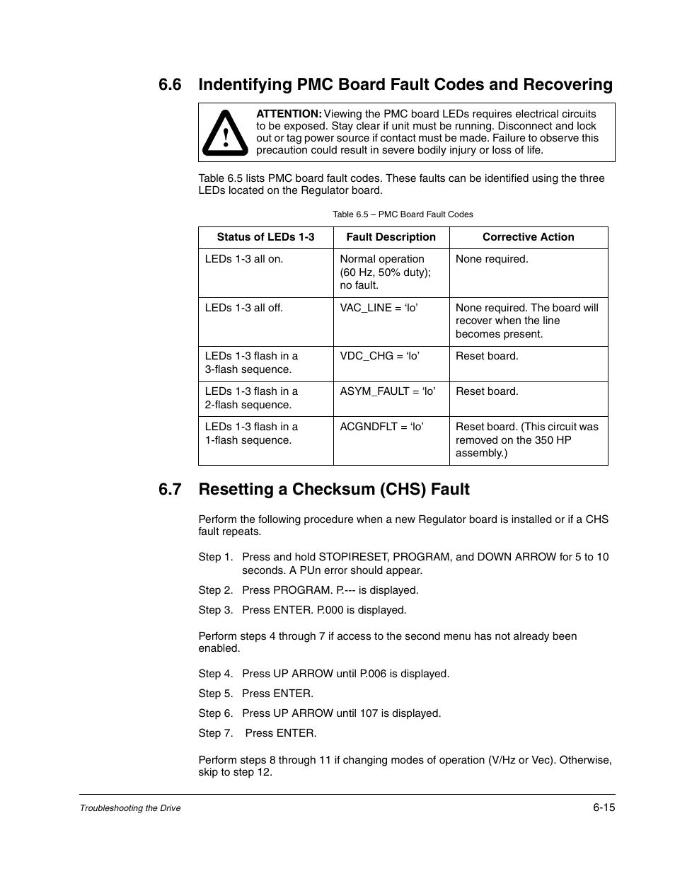 Table 6.5 - pmc board fault codes, 7 resetting a checksum (chs) fault, Step 2. press program. p.--- is displayed | Step 3. press enter. p.000 is displayed, Step 4. press up arrow until p.006 is displayed, Step 5. press enter, Step 6. press up arrow until 107 is displayed, Step 7. press enter | Carrier D2-3466-2 User Manual | Page 33 / 38