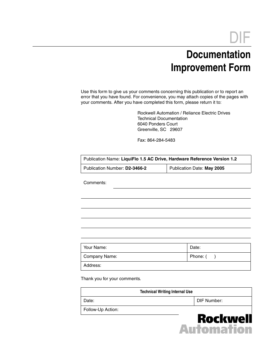 Dif documentation improvement form, Documentation improvement form | Carrier D2-3466-2 User Manual | Page 35 / 38