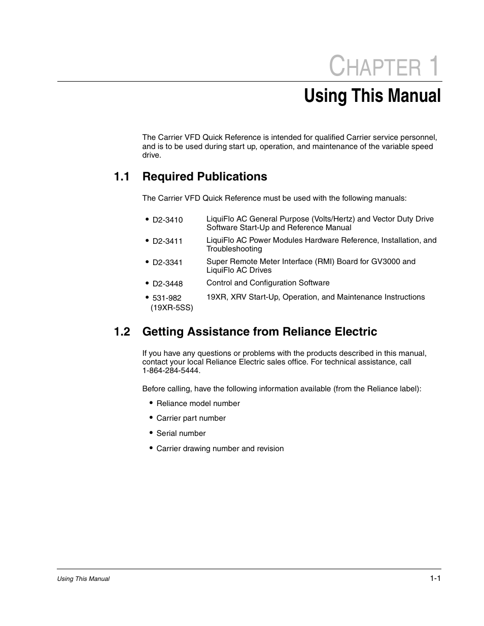 Chapter 1 using this manual, 1 required publications, 2 getting assistance from reliance electric | Hapter, Using this manual | Carrier D2-3466-2 User Manual | Page 9 / 38