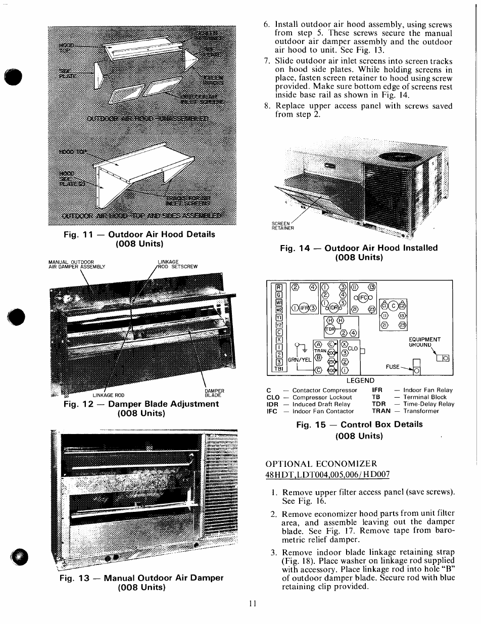Outdoor air hood details (008 units), Fig. 12 — damper blade adjustment (008 units), N> <ì3 | Viol, Fig. 15 — control box details (008 units) | Carrier 48HDT User Manual | Page 11 / 26