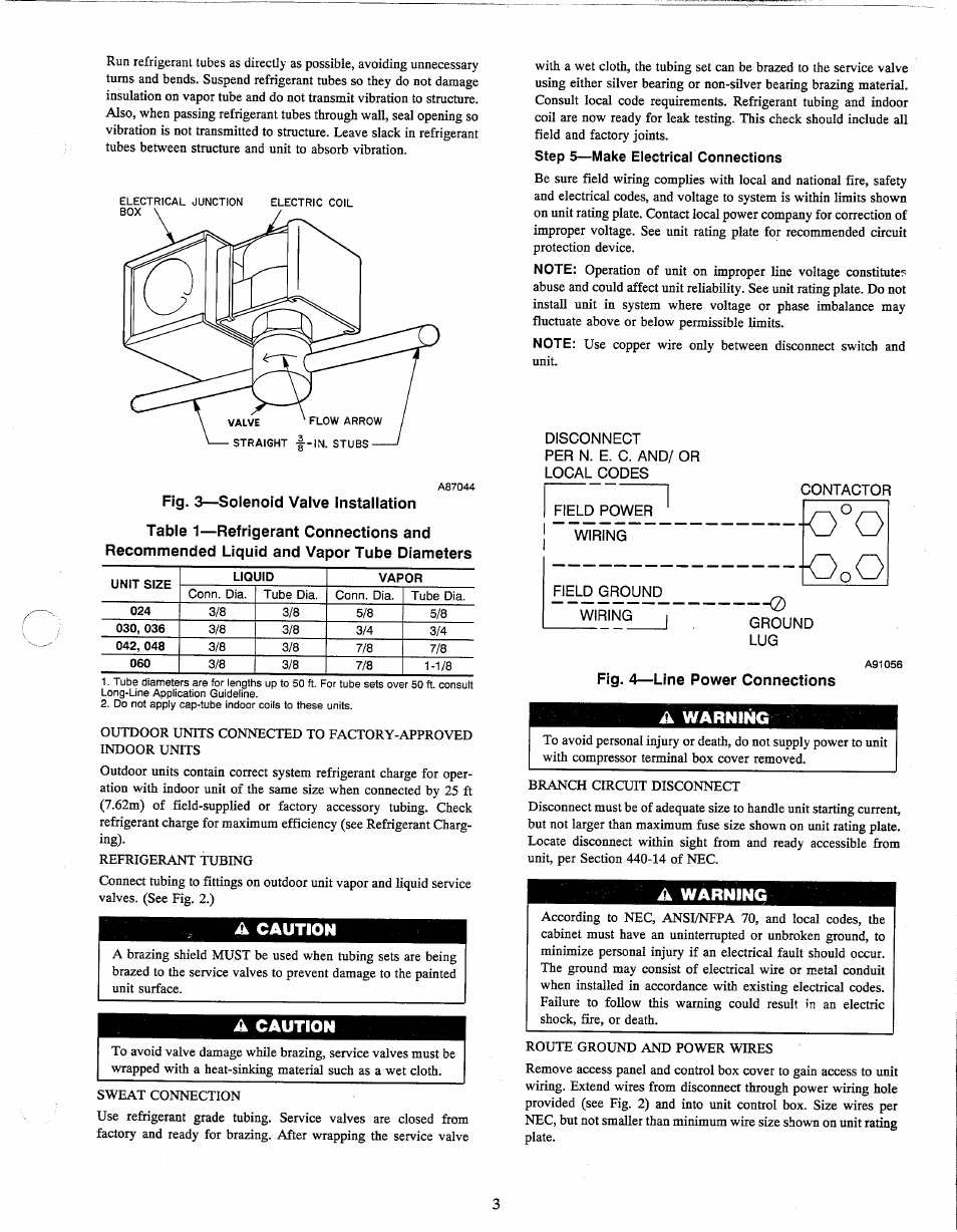 K caution, Step 5—make electrical connections, Disconnect per n. e. c. and/ or local codes | Contactor, Fig. a—line power connections, A warning, Caution, Line power connections, Warning | Carrier 38TMA User Manual | Page 3 / 6