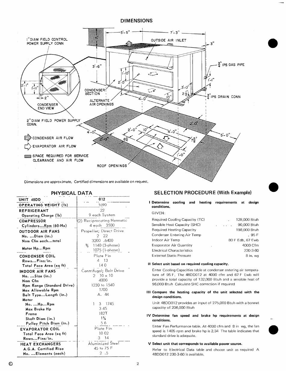 Dimensions, Selection procedure (with example), Dimensions physical data | Carrier 48DD User Manual | Page 2 / 6