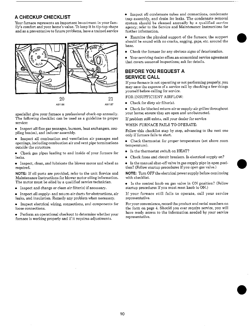 A checkup checklist, Before you request a service call | Carrier 58EJA User Manual | Page 10 / 13