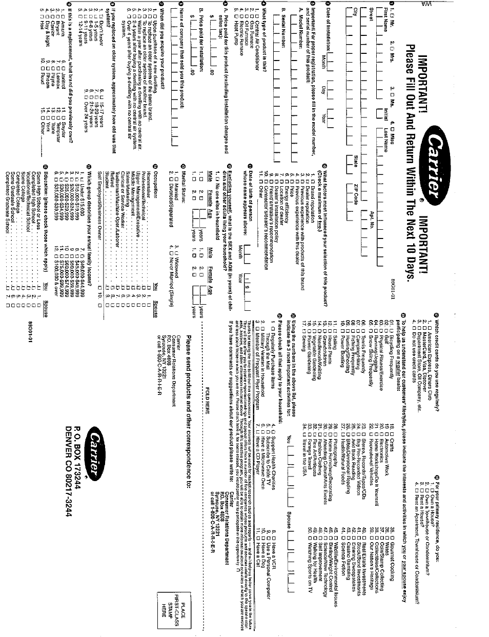 Important! important, Please fill out and return within the next 10 days, Ro. box 173244 denver co 80217-3244 | Important, L_l_lj_!_1.00, L_1_j_j_!_! ,00, 1 i i, L_ljlljl_lj spouse l_uli, L_lj h l 9 | i i, 1_1 years | Carrier 58EJA User Manual | Page 2 / 13