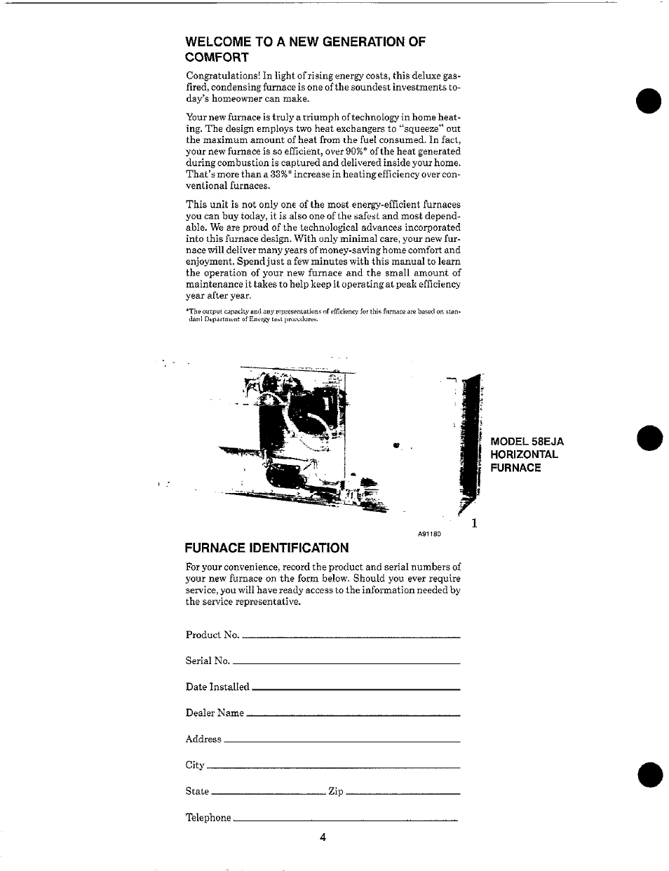 Welcome to a new generation of comfort, Model 58eja, Horizontal | Furnace, Furnace identification | Carrier 58EJA User Manual | Page 4 / 13