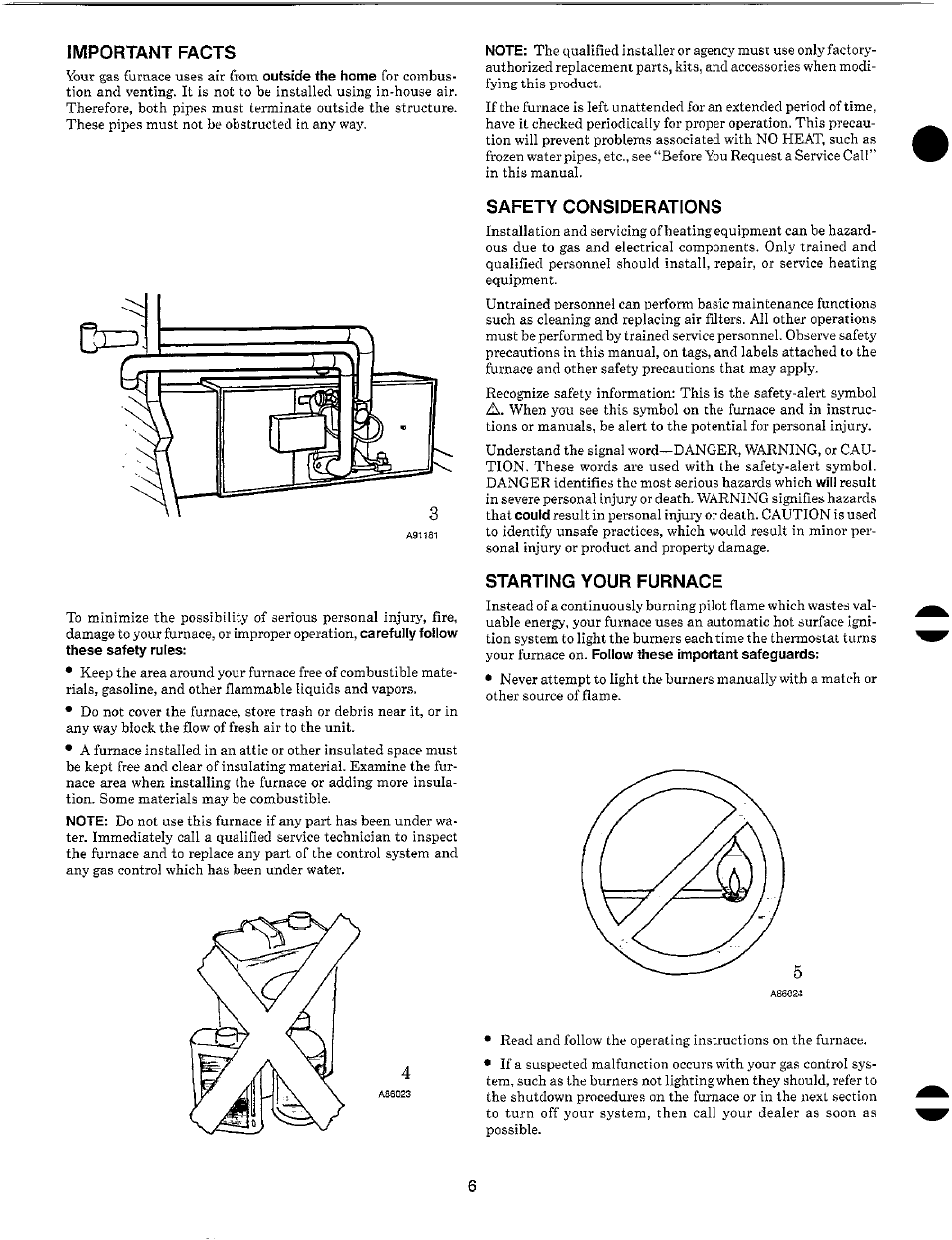 Important facts, Safety considerations, Starting your furnace | Carrier 58EJA User Manual | Page 6 / 13