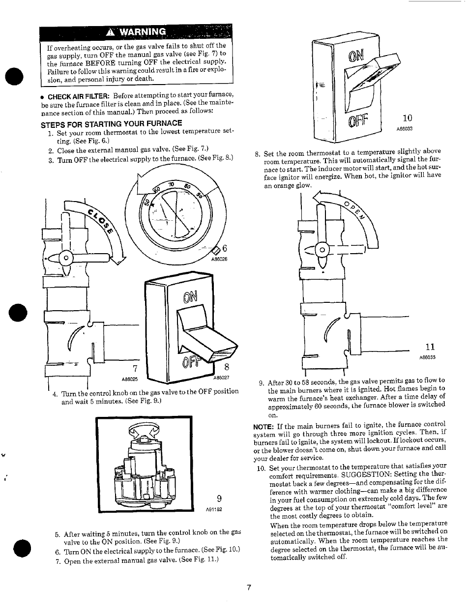 Warning, Steps for starting your furnace | Carrier 58EJA User Manual | Page 7 / 13