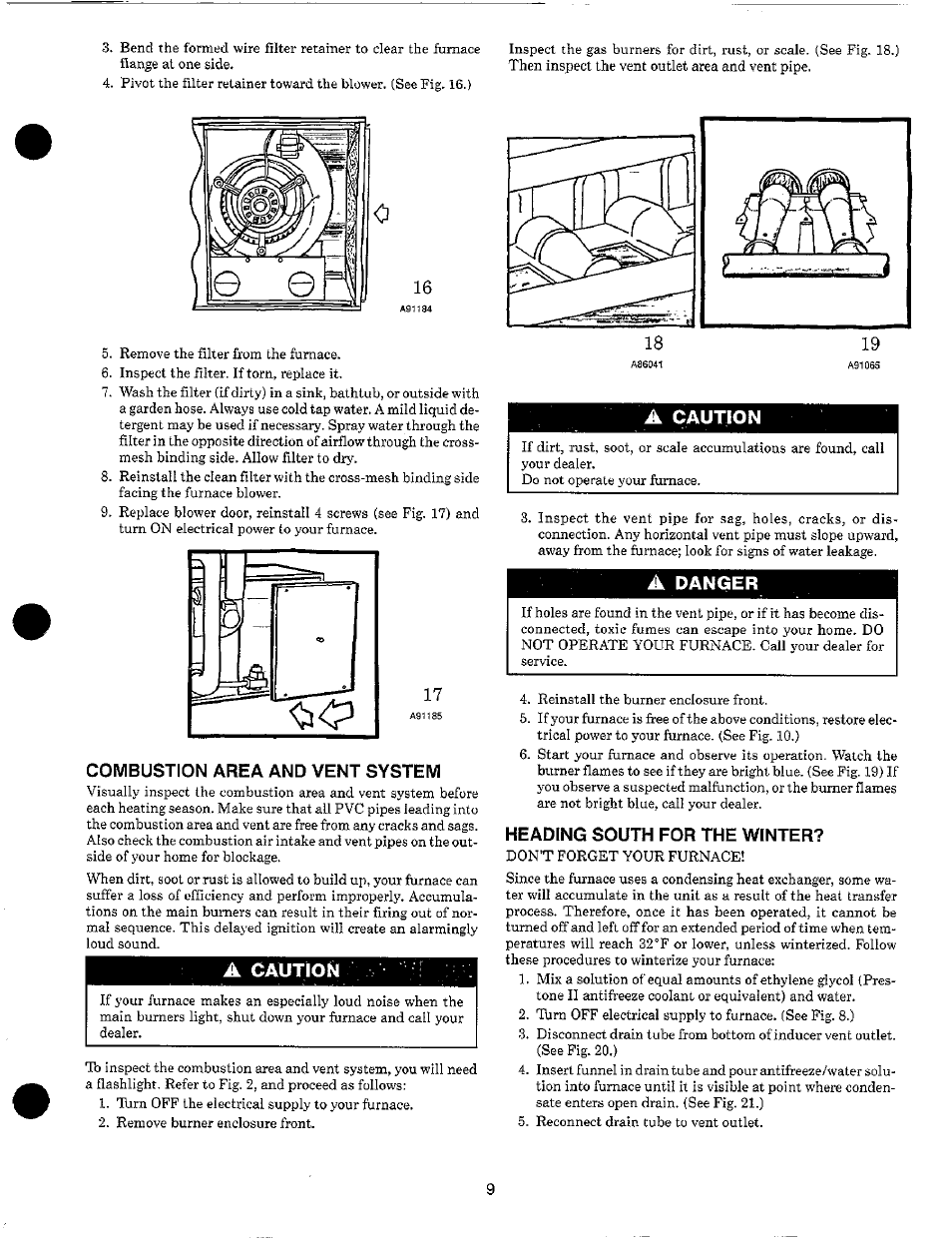 Combustion area and vent system, A cautloñ, A caution | A danger, Heading south for the winter, Caution, Danger | Carrier 58EJA User Manual | Page 9 / 13