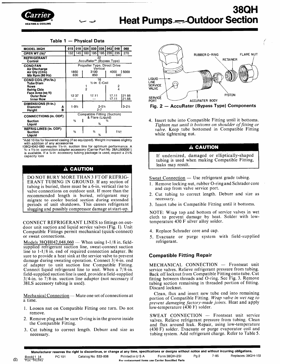A caution, Compatible fitting repair | Carrier 38QH User Manual | Page 2 / 10
