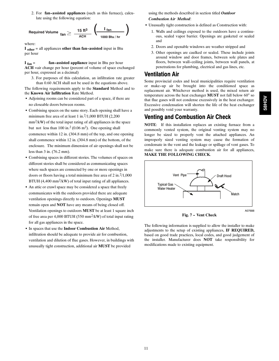 Ventilation air, Venting and combustion air check | Carrier DIRECT VENT 4 58HDV User Manual | Page 11 / 52