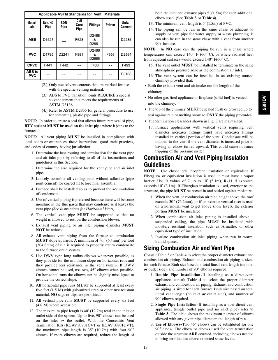 Sizing combustion air and vent pipe | Carrier DIRECT VENT 4 58HDV User Manual | Page 13 / 52