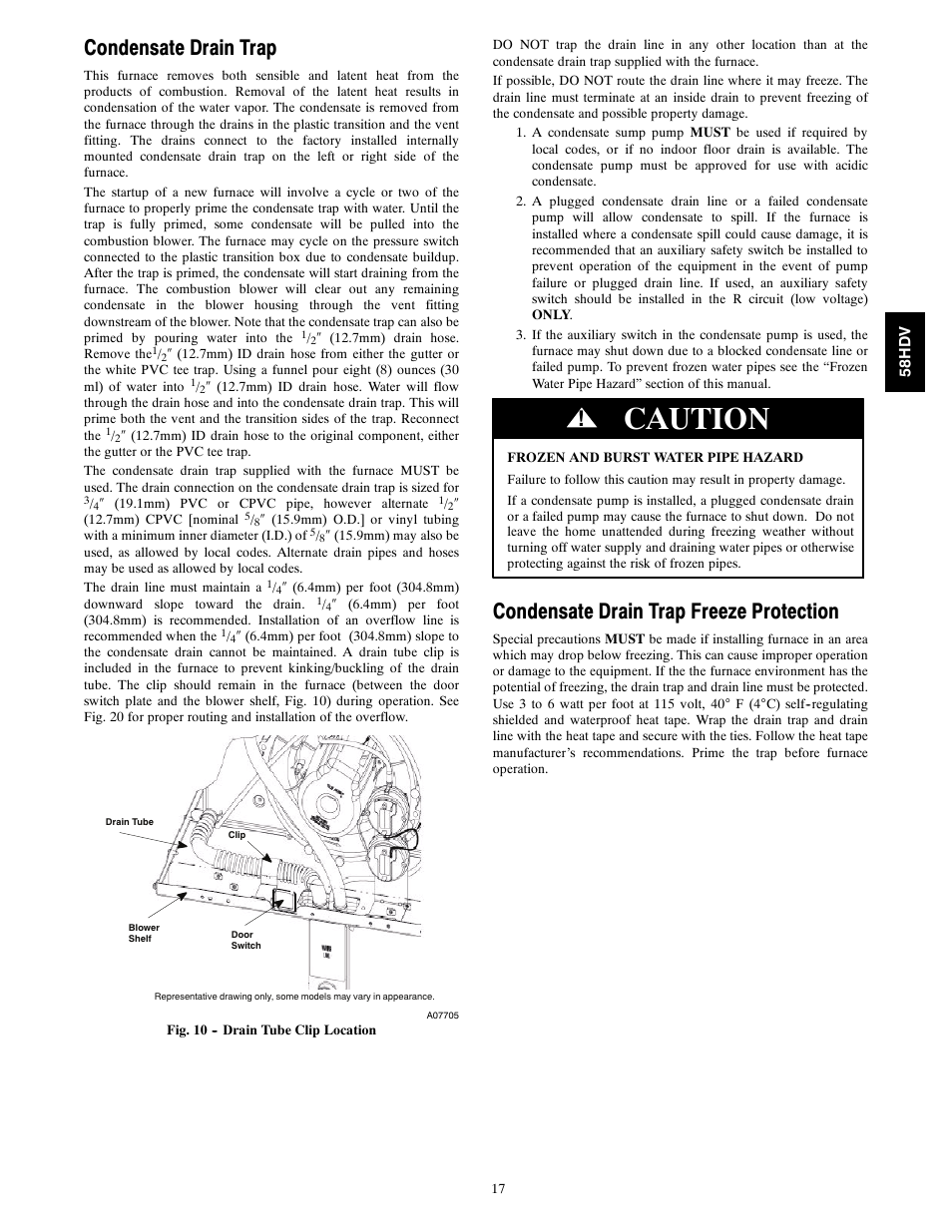 Caution, Condensate drain trap, Condensate drain trap freeze protection | Carrier DIRECT VENT 4 58HDV User Manual | Page 17 / 52