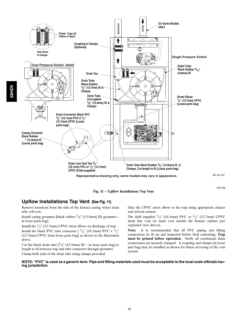 Upflow installations top vent, See fig. 11), 58h d v | Carrier DIRECT VENT 4 58HDV User Manual | Page 18 / 52