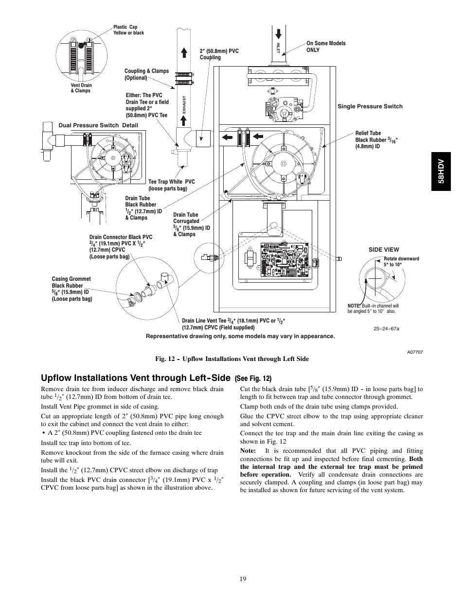 Upflow installations vent through left--side, See fig. 12), 58h d v | Carrier DIRECT VENT 4 58HDV User Manual | Page 19 / 52
