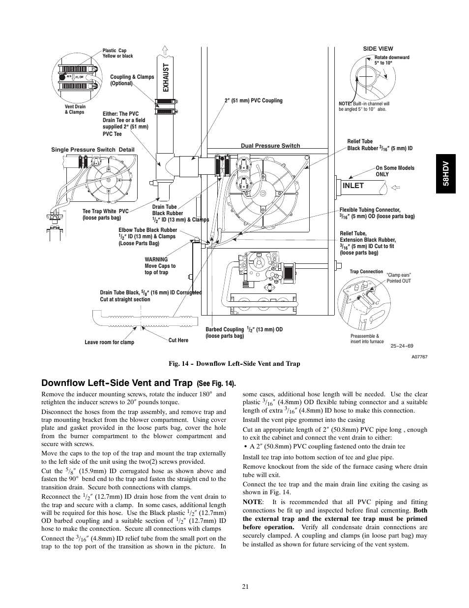 Downflow left--side vent and trap, See fig. 14), 58h d v | Carrier DIRECT VENT 4 58HDV User Manual | Page 21 / 52