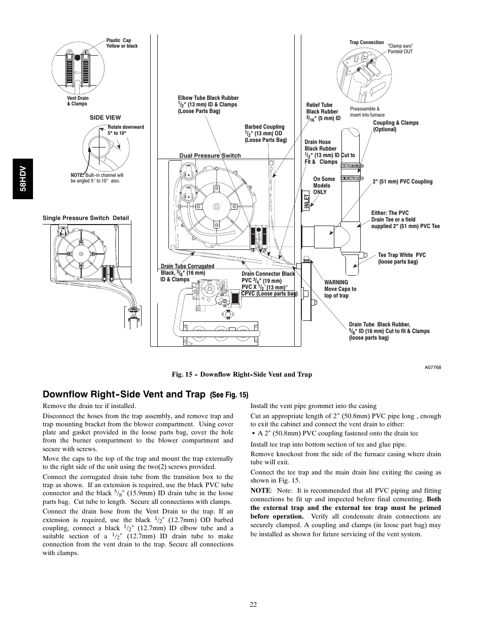 Downflow right--side vent and trap, See fig. 15), 58h d v | Carrier DIRECT VENT 4 58HDV User Manual | Page 22 / 52