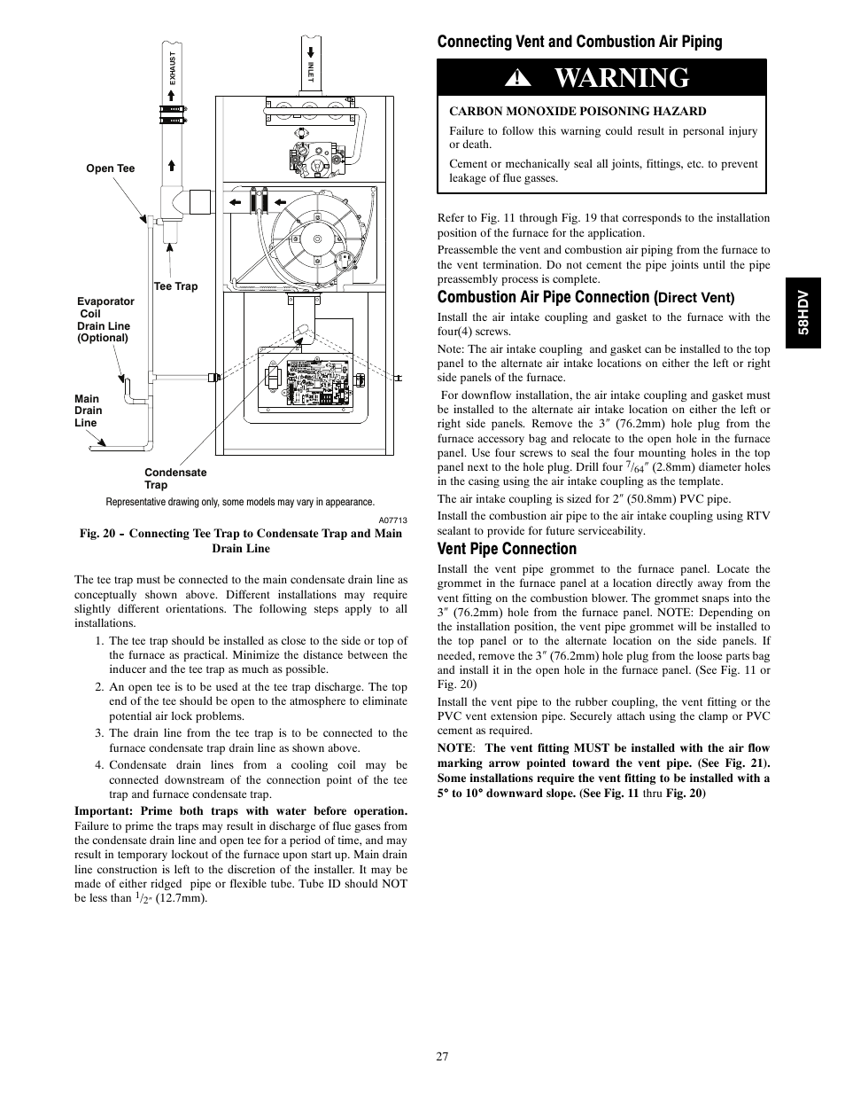 Warning, Connecting vent and combustion air piping, Combustion air pipe connection | Vent pipe connection | Carrier DIRECT VENT 4 58HDV User Manual | Page 27 / 52