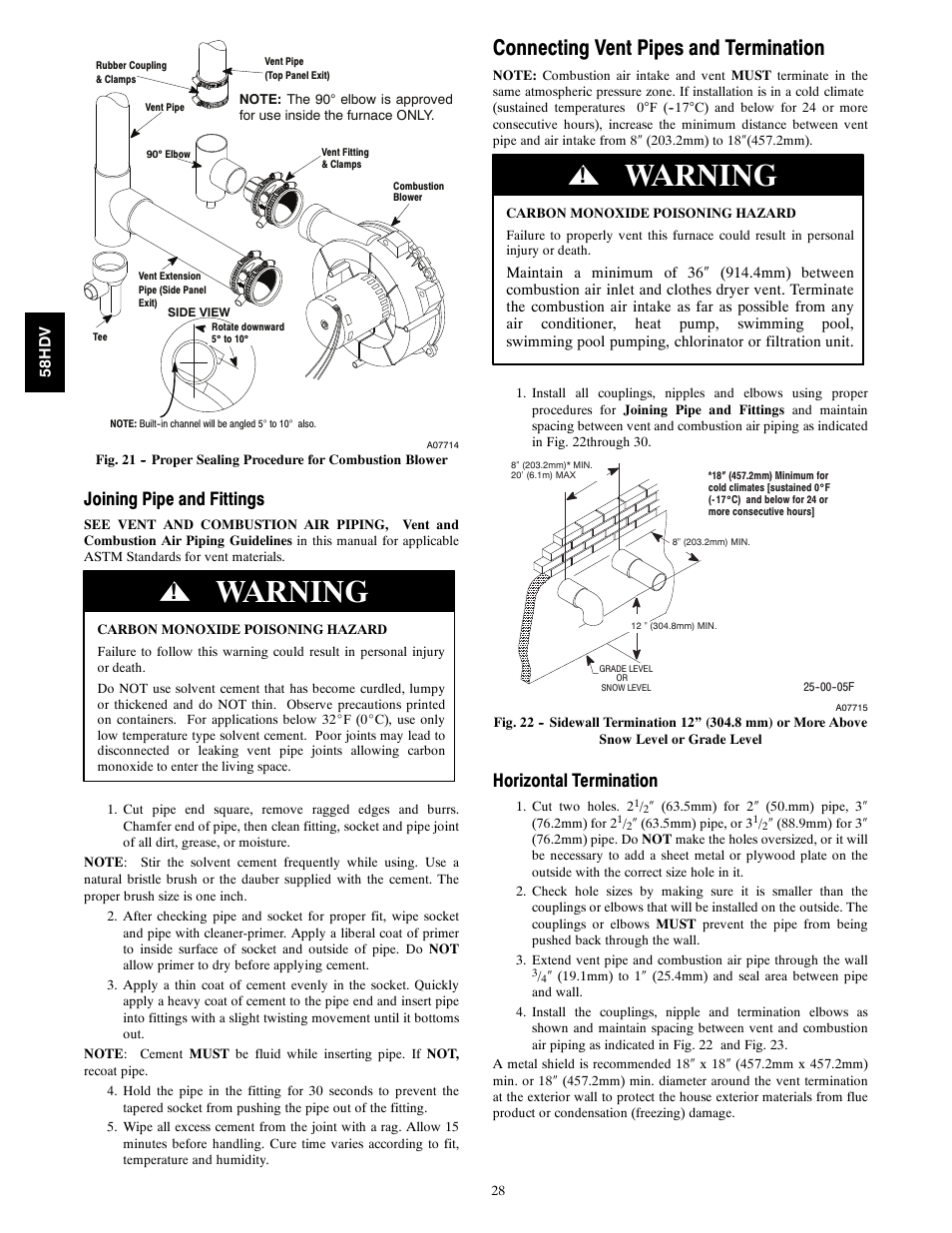 Warning, Connecting vent pipes and termination, Joining pipe and fittings | Horizontal termination | Carrier DIRECT VENT 4 58HDV User Manual | Page 28 / 52