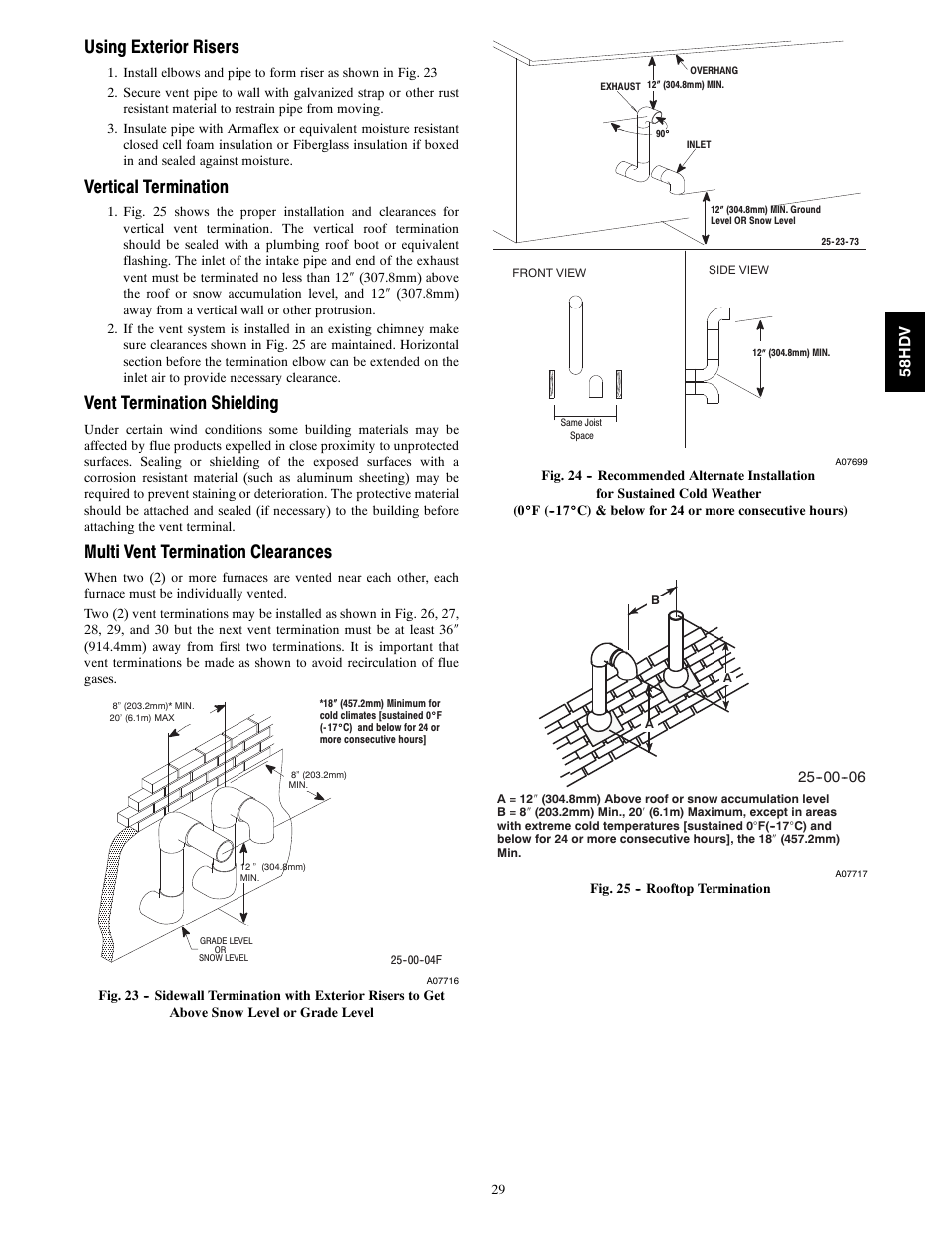 Using exterior risers, Vertical termination, Vent termination shielding | Multi vent termination clearances | Carrier DIRECT VENT 4 58HDV User Manual | Page 29 / 52