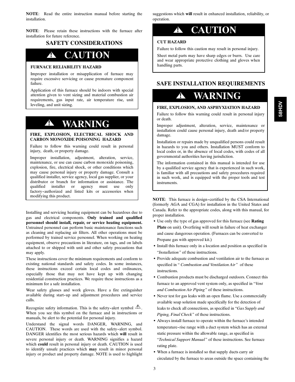 Caution, Warning, Safety considerations | Safe installation requirements | Carrier DIRECT VENT 4 58HDV User Manual | Page 3 / 52