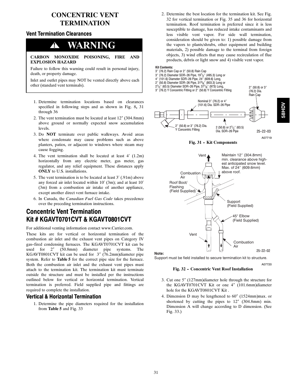 Warning, Concentric vent termination, Vent termination clearances | Vertical & horizontal termination | Carrier DIRECT VENT 4 58HDV User Manual | Page 31 / 52