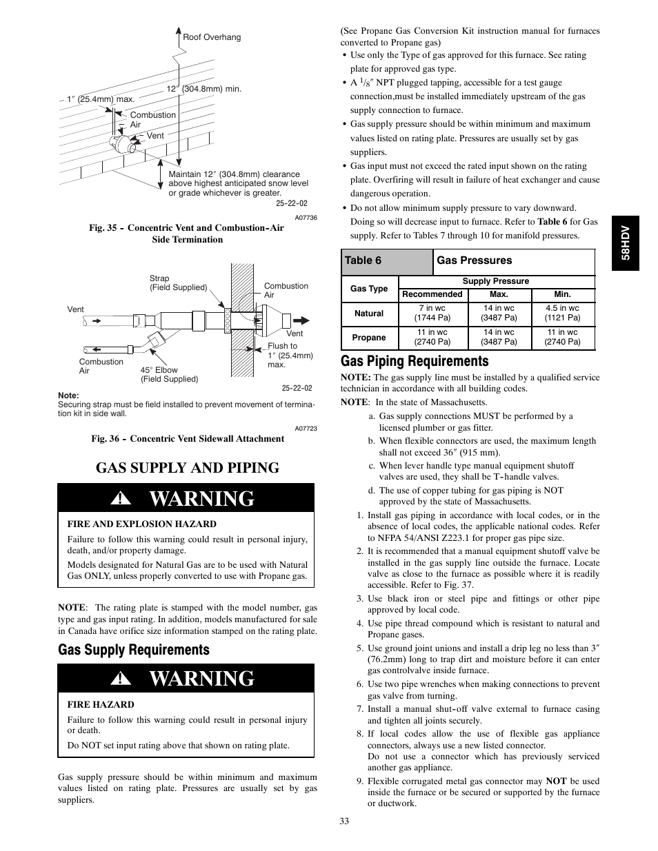 Warning, Gas supply and piping, Gas supply requirements | Gas piping requirements | Carrier DIRECT VENT 4 58HDV User Manual | Page 33 / 52