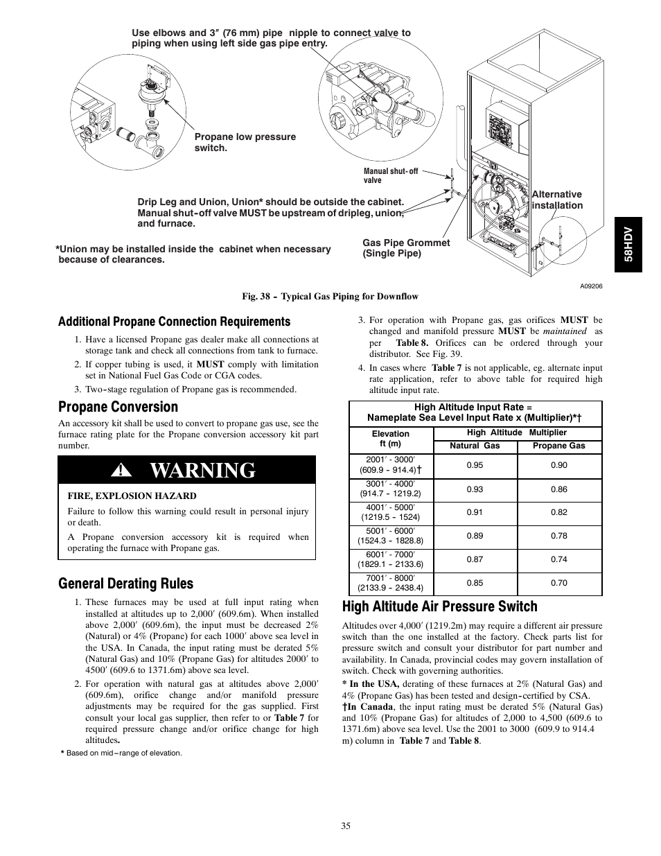 Warning, Propane conversion, General derating rules | High altitude air pressure switch, Additional propane connection requirements | Carrier DIRECT VENT 4 58HDV User Manual | Page 35 / 52