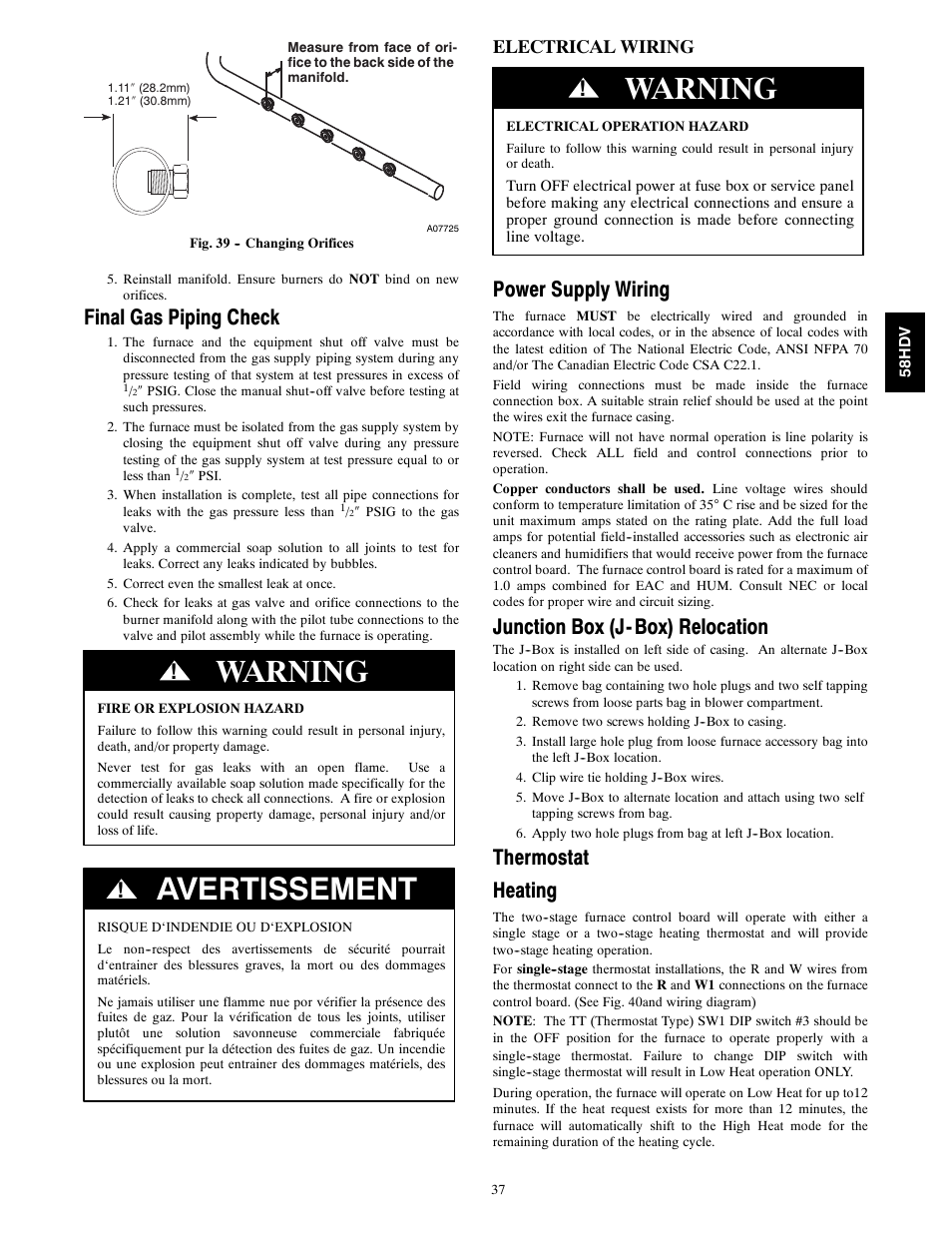 Warning, Avertissement, Final gas piping check | Power supply wiring, Junction box (j- box) relocation, Thermostat heating, Electrical wiring | Carrier DIRECT VENT 4 58HDV User Manual | Page 37 / 52