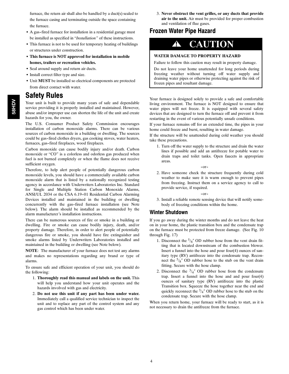 Caution, Safety rules, Frozen water pipe hazard | Winter shutdown | Carrier DIRECT VENT 4 58HDV User Manual | Page 4 / 52